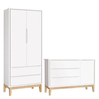 Cômoda Com Porta E Guarda Roupa Infantil 2 Portas New Classic Branco Com Pés Madeira Natural - Reller