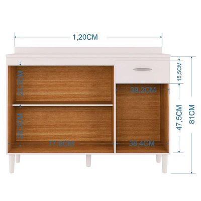 Balcão De Cozinha Com Tampo 120 Cm Branco Brilho - Poquema