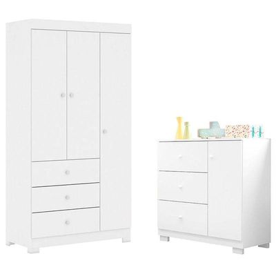 Cômoda Infantil Com Guarda Roupa 3 Portas Ambiente Duda Branco Brilho - Phoenix Baby