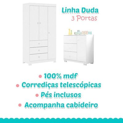 Cômoda Infantil Com Guarda Roupa 3 Portas Ambiente Duda Branco Brilho - Phoenix Baby