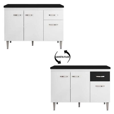 Balcão De Cozinha Gabriela Branco Flex Com Tampo 120 Cm Preto Fosco - Ajl
