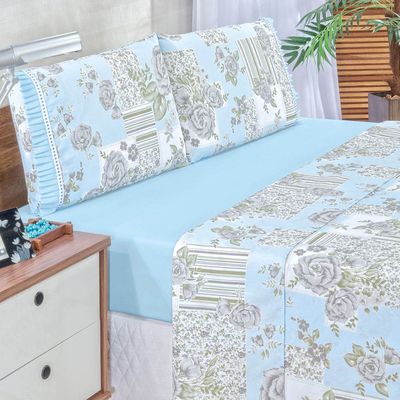 Jogo de Lençol Afrodite Casal 4 Pçs Algodão 180 Fios Estampa Floral - Azul