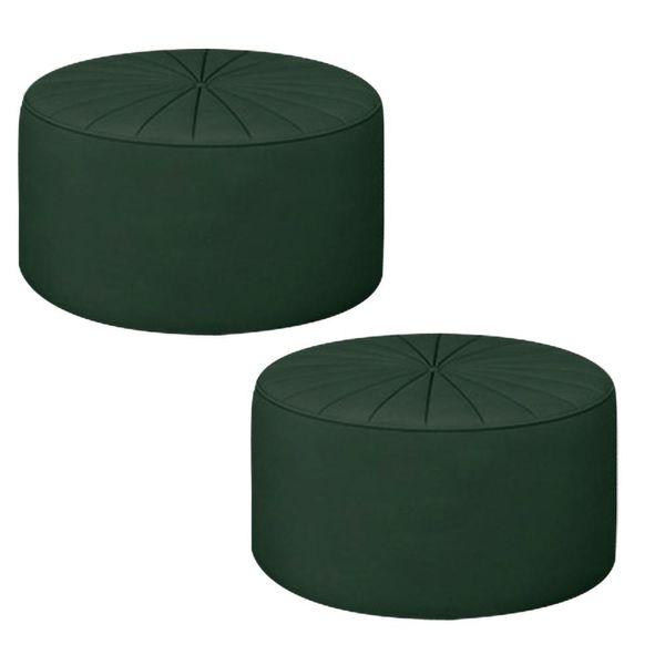 Kit 2 Puffs Decorativos Sala De Estar Round Veludo Verde - Gran Belo
