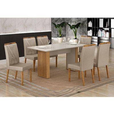 Mesa De Jantar Júlia 160x80cm Cinamomo Off White Com 6 Cadeiras Lara Veludo Bege - Valdemóveis