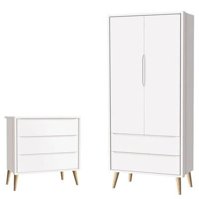 Cômoda Gaveteiro Infantil E Guarda Roupa 2 Portas Theo Branco Acetinado Pés Madeira Natural - Reller
