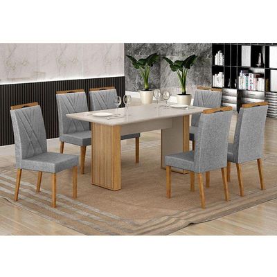 Mesa De Jantar Júlia 160x80cm Cinamomo Off White Com 6 Cadeiras Lara Linho Prata - Valdemóveis