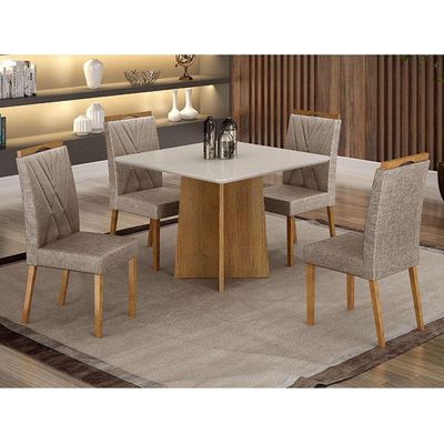 Mesa De Jantar Jade 90cm Cinamomo Off White Com 4 Cadeiras Lara Linho Bege - Valdemóveis