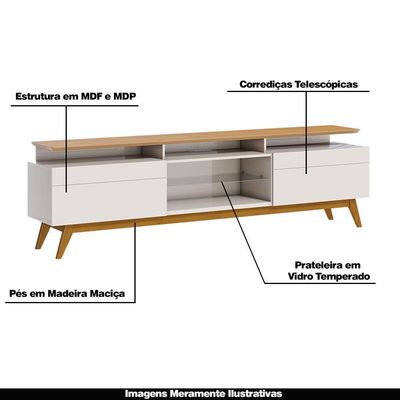 Rack Bancada 2 Gavetas com Nicho 218cm Amy Off White/Nature - Gran Belo