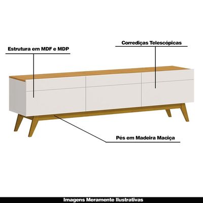 Rack Bancada 3 Gavetas 180cm Amy Off White/Nature - Gran Belo