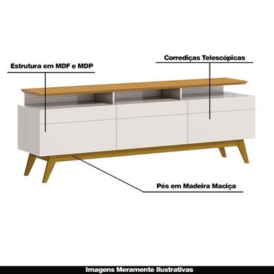 Rack Bancada 3 Gavetas com Nicho 180cm Amy Off White/Nature - Gran Belo