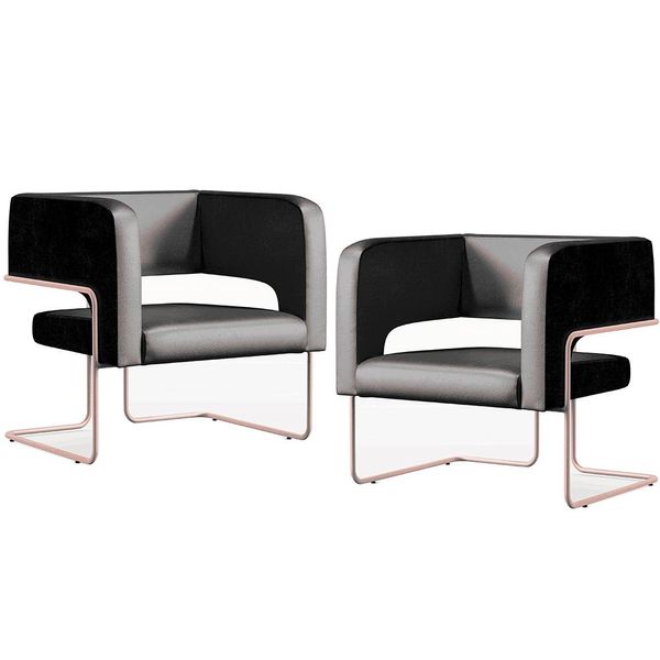 Kit 02 Poltronas Decorativas Scarlett D02 Base de Aço New Cobre Couríssimo Preto B-159 - Lyam Decor