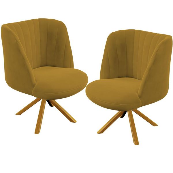 Kit 02 Poltronas Decorativas Munique D02 Base Giratória Madeira Veludo Mostarda C-260 - Lyam Decor
