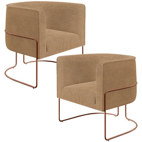Kit 02 Poltronas Para Sala De Estar Decorativa Fixa Base Aço New Cobre Betina D02 Bouclê Mostarda