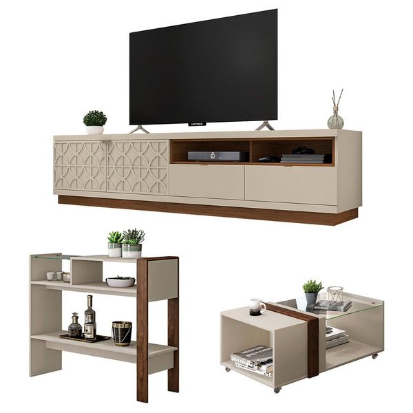 Conjunto Sala De Estar Kit Rack Mesa Aparador Renda Caemmun