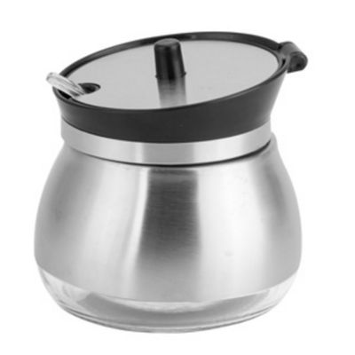 AÇUCAREIRO DE INOX E VIDRO COM COLHER 9X9CM