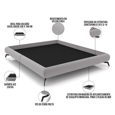 Cama Casal Queen Base Box Pés de Ferro Estilo Industrial 176cm Otto P05 Veludo Cinza - Lyam Decor