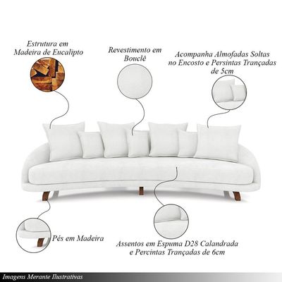 Sofá Living 3 Lugares 265cm Pés Madeira Morales com Almofadas Bouclê Off White G52 - Gran Belo