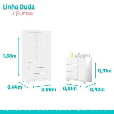 Quarto De Bebê Duda 3 Portas Com Berço Nacional Doce Sonho 3540 Branco Brilho - Phoenix Baby