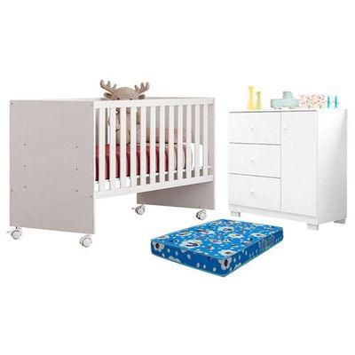 Berço Nacional Doce Sonho 3540 E Cômoda Infantil Duda Branco Brilho Com Colchão Ortobom Phoenix Baby