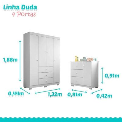 Quarto De Bebê Duda 4 Portas Com Berço Nacional Doce Sonho 3540 Branco Brilho - Phoenix Baby