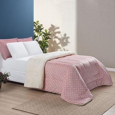 Edredom Coberdrom Romantico Poá Solteiro Sherpa e Manta Flannel - Rosa