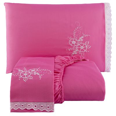 Jogo de Cama Lençol Queen Bordado Advance 3 Peças - Pink