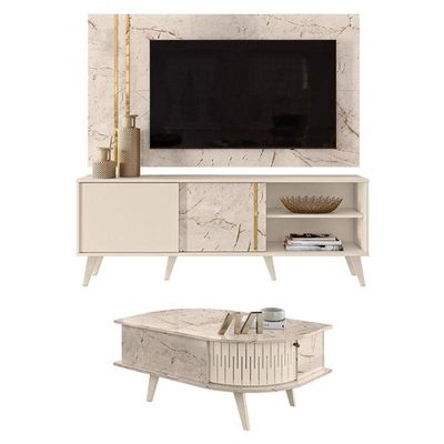 Rack Bancada E Painel Para Tv Cronos Com Mesa De Centro Indianápolis Calacata Off White - Madetec