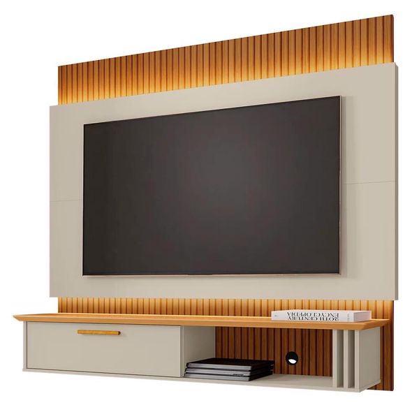 Painel Bancada Suspensa Para TV Até 65 Pol. Paris Off White/Cinamomo/Ripado - Bechara