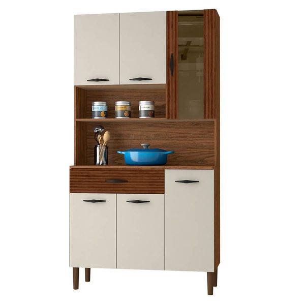 Armário de Cozinha Compacta 90cm Bruna K02 Nogueira/Off White/Ripado - Mpozenato