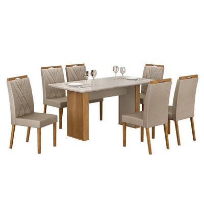 Mesa De Jantar Ambiente Júlia 160x80cm Cinamomo Off White Com 6 Cadeiras Lara Veludo Bege - Valdemóveis