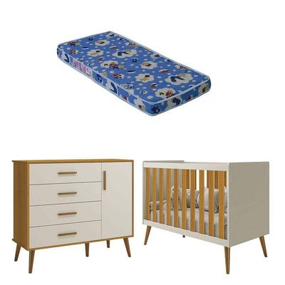 Berço Americano E Cômoda Infantil Com Porta Isis Areia Acetinado Savana Com Colchão Ortobom