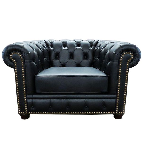 Poltrona Decorativa Pés de Madeira Chesterfield Couro Preto - Mempra