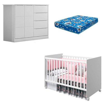 Berço Americano Tico E Cômoda Infantil Eloá Branco Acetinado Com Colchão Ortobom - Phoenix Baby