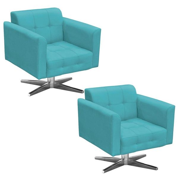 Kit 2 Poltronas Decorativas Sala de Estar Base Cromada Giratória Ana Suede Azul Tiffany - Ibiza