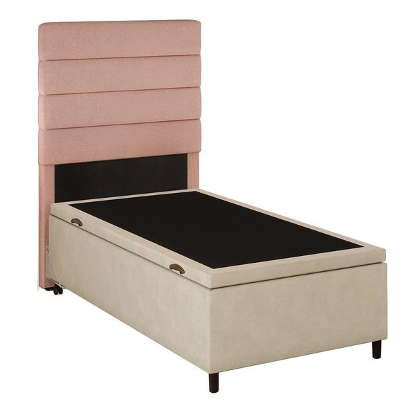 Cabeceira com Base Cama Box Baú Solteiro 88x188cm Hit ID5 Linho Rosê/Suede Bege - Mpozenato