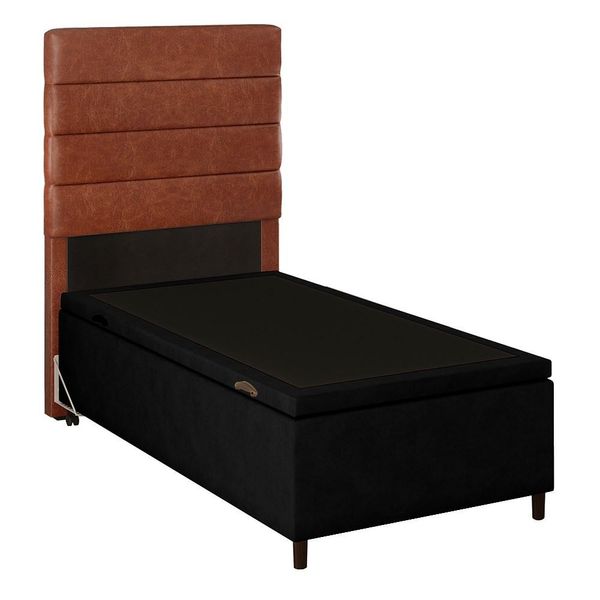 Cabeceira com Base Cama Box Baú Solteiro 88x188cm Hit ID5 Couríssimo Camel/Suede Preto - Mpozenato