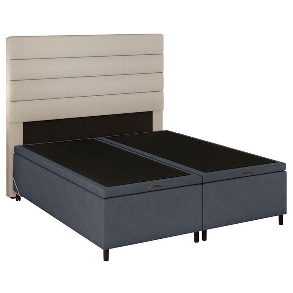 Cabeceira Com Base Box Baú Casal Queen 158X198Cm Hit Id5 Suede Cinza/Linho Cru