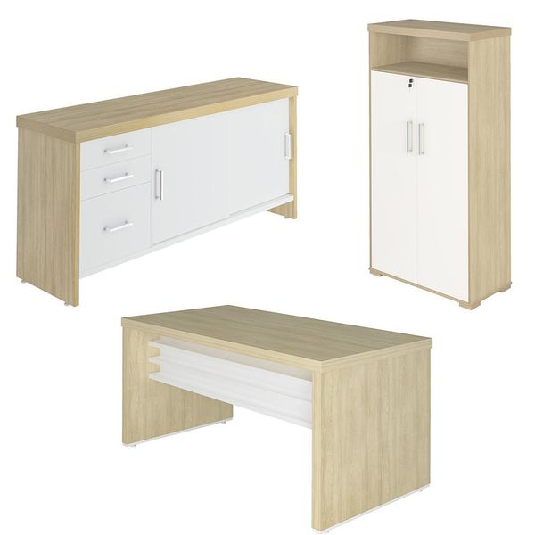 Conjunto Escritório 3 Peças Mesa 158cm Corp A06 Carvalho/Branco - Mpozenato