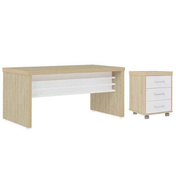 Mesa para Escritório 160cm e Gaveteiro com Rodízios Corp A06 Carvalho/Branco - Mpozenato