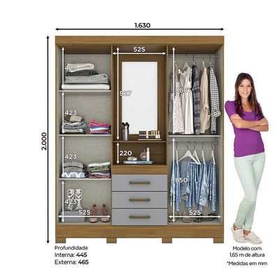 Guarda Roupa Solteiro Nápole Nature Cinza - Briz Móveis