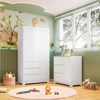 Cômoda Infantil Com Guarda Roupa 3 Portas Duda Branco Brilho - Phoenix Baby