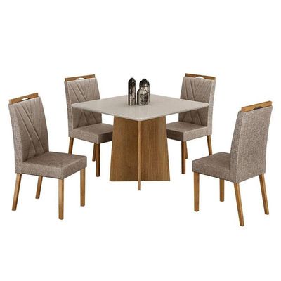 Mesa De Jantar Ambiente Jade 90cm Cinamomo Off White Com 4 Cadeiras Lara Linho Bege - Valdemóveis