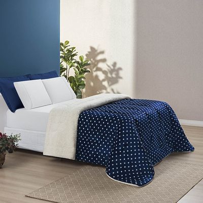 Edredom Coberdrom Romantico Poá Queen Sherpa e Manta Flannel - Marinho