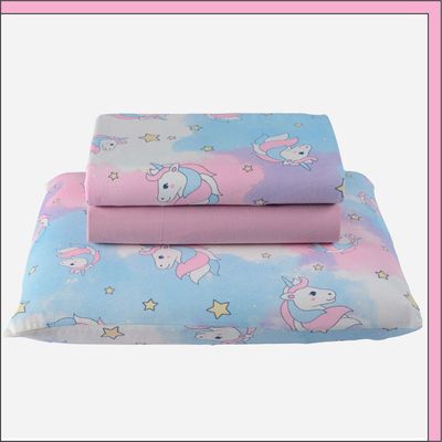 Coordenado Coberdrom Edredom e Lençol Solteiro 4 Peças Unicórnio - Rosa