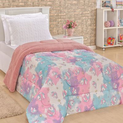Coordenado Coberdrom Edredom e Lençol Solteiro 4 Peças Unicórnio - Rosa
