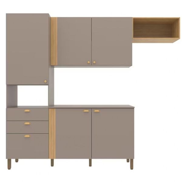 Cozinha Compacta Bartira Pérola com 5 Portas, 2 Gavetas, 1 Gavetão e 4 Prateleiras - 251cm de largura Nude/Lâmina Mel