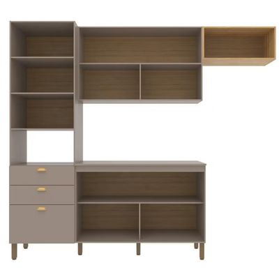 Cozinha Compacta Bartira Pérola com 5 Portas, 2 Gavetas, 1 Gavetão e 4 Prateleiras - 251cm de largura Nude/Lâmina Mel