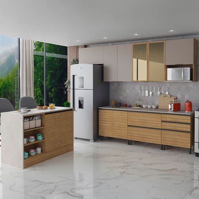 Cozinha Completa Bartira Cristal com 10 Portas, 5 Gavetas, 9 Prateleiras e Bancada Gourmet - 300cm de Largura Lâmina Mel/Nude