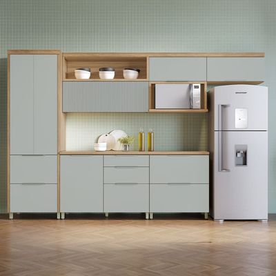 Cozinha Completa Nesher Marquesa com 7 Portas e 6 Gavetas 350cm Nature com Verde