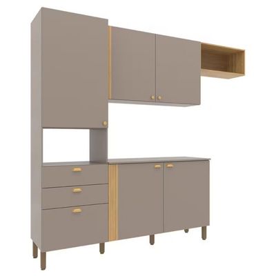 Cozinha Compacta Bartira Pérola com 5 Portas, 2 Gavetas, 1 Gavetão e 4 Prateleiras - 251cm de largura Nude/Lâmina Mel